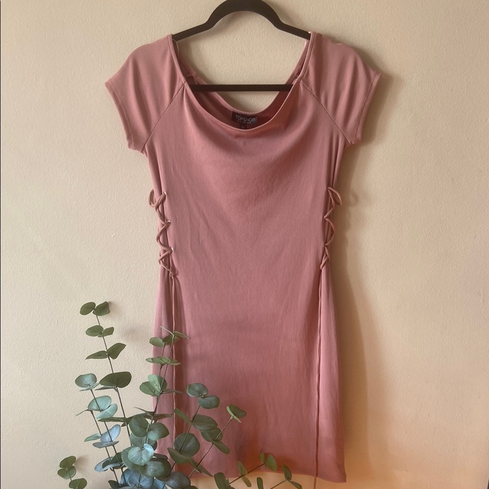 Topshop Dusty Rose Ribbed Bodycon Mini Dress Lace Up Cutout Sides US 10 New